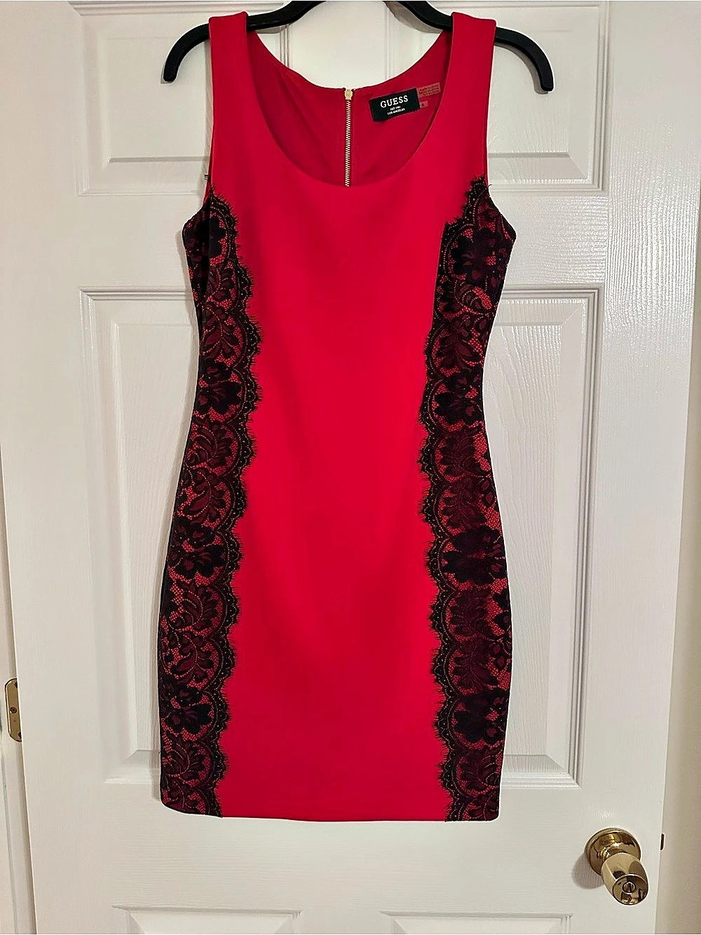 GUESS Red Sleeveless Bodycon Sheath Dress with Black Lace Sides